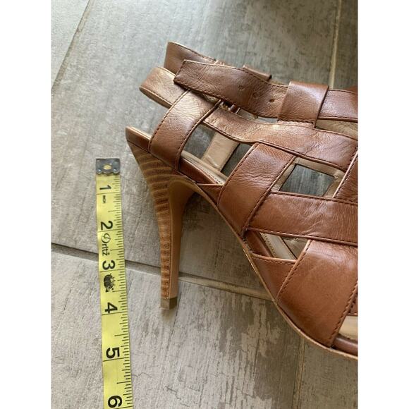 Elie Tahari High Heel Peep Toe Sandals Leather Tan Brown Strappy Designer 39 9 - Picture 10 of 10